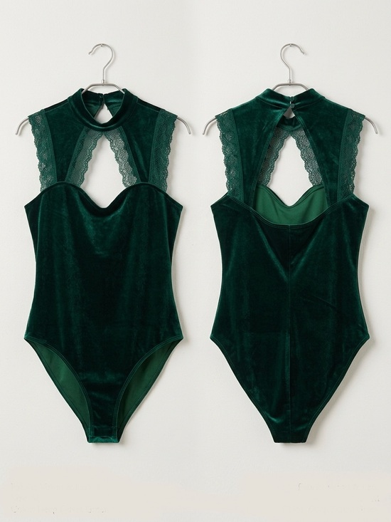 Tops - Velvet Lace-Trim Emerald Green Sleeveless Bodysuit
